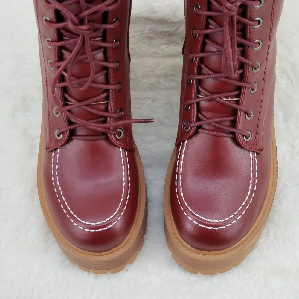 Light Weight  Wood Look Chunky Platform Combat Boots - Picture 7 of 9